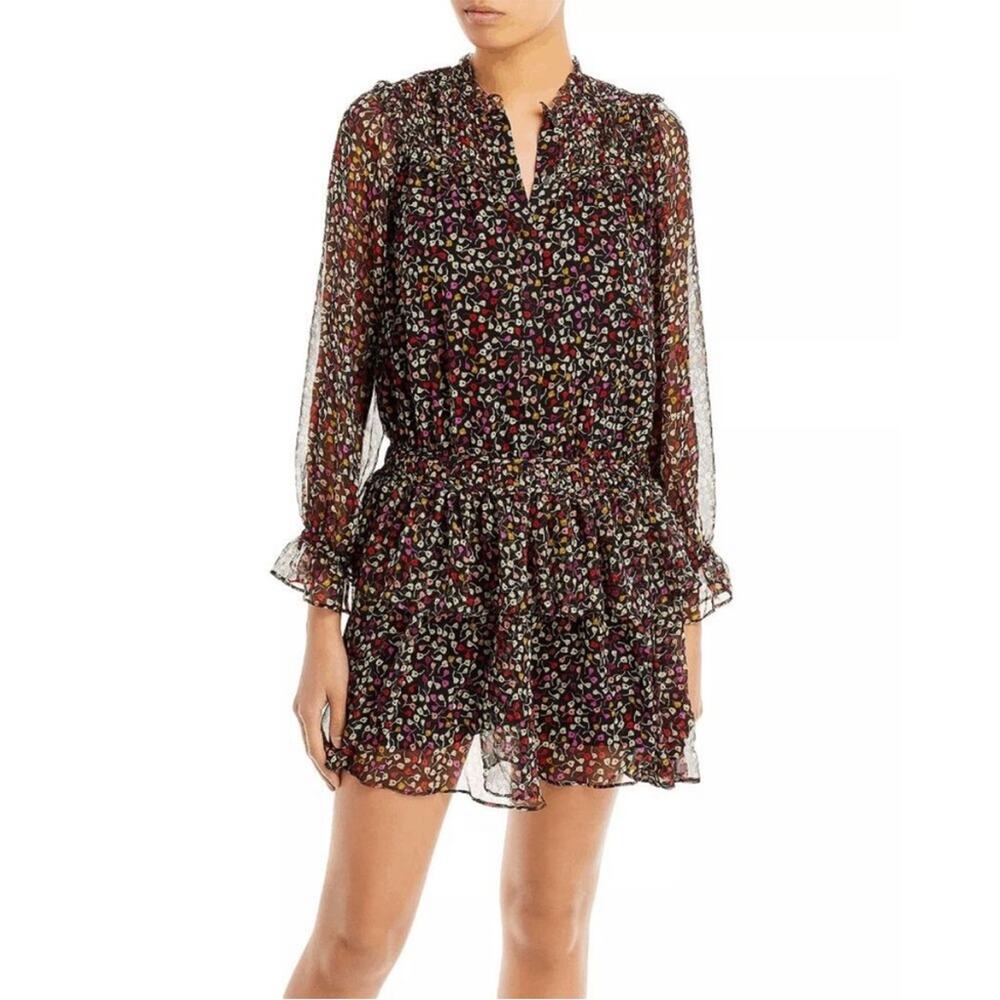 Joie Women's Elsverre Silk Ruffled Mini Dress Caviar Multi Size 00